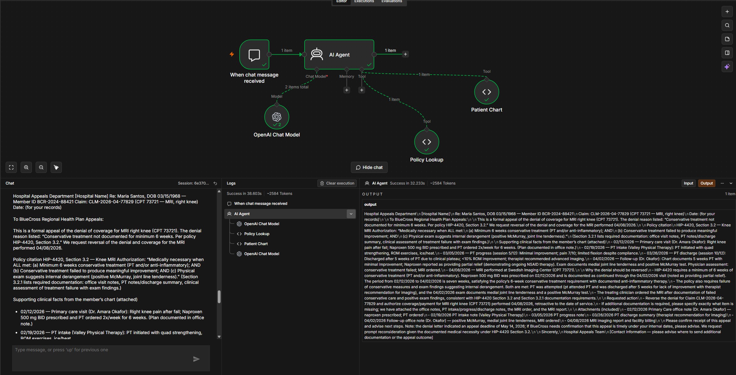 Maria Santos AI Insurance Advocate output and logs in n8n
