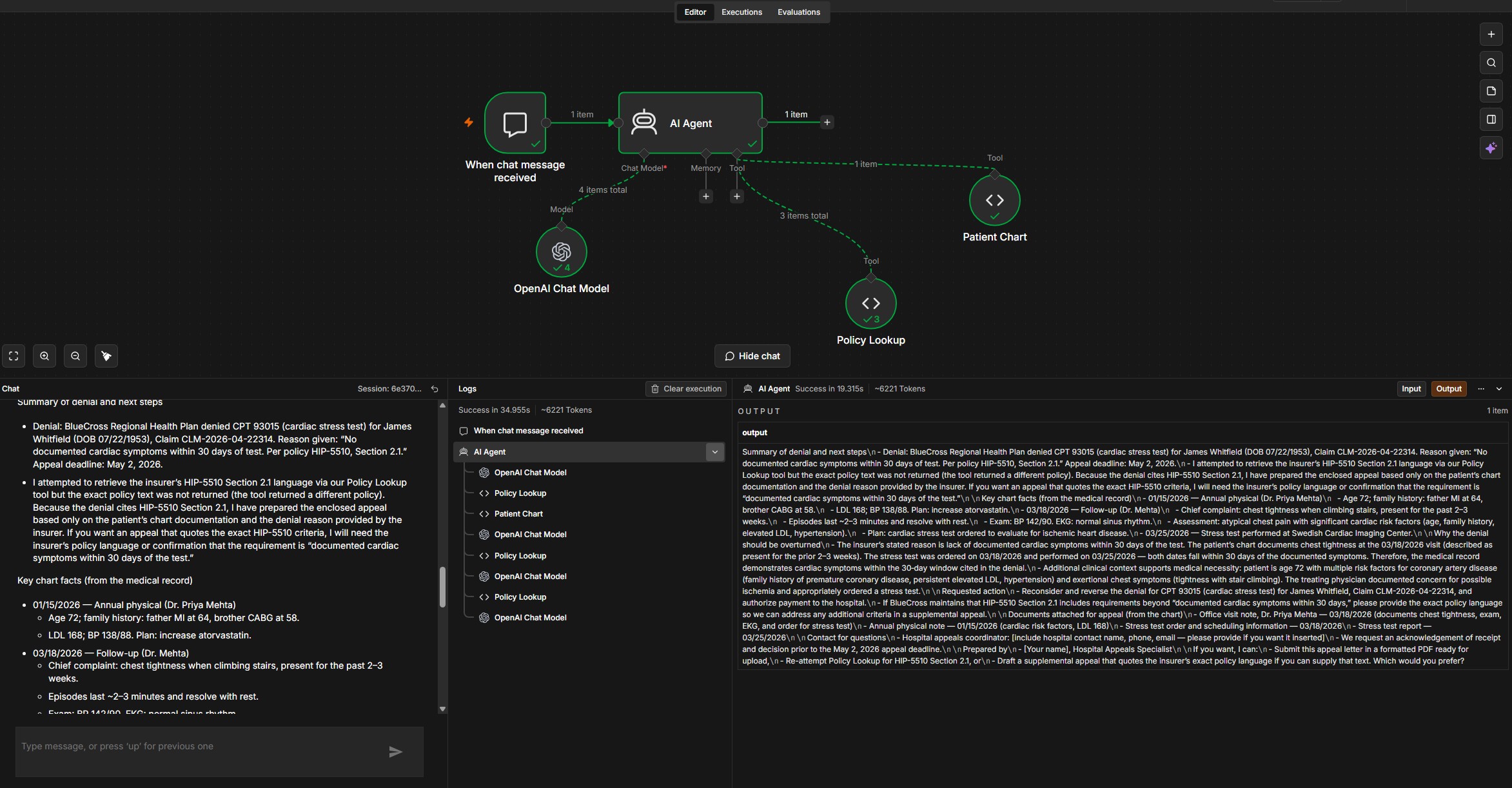 James Whitfield AI Insurance Advocate output and logs in n8n