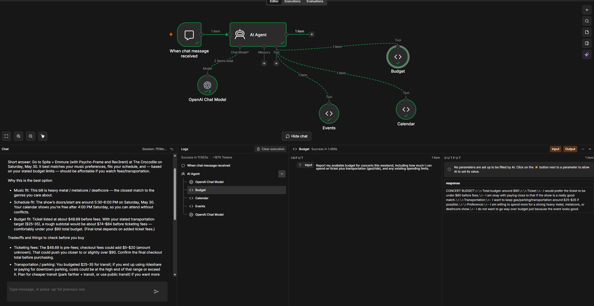 Concert Weekend Agent n8n workflow and output showing Budget, Calendar, and Events tools